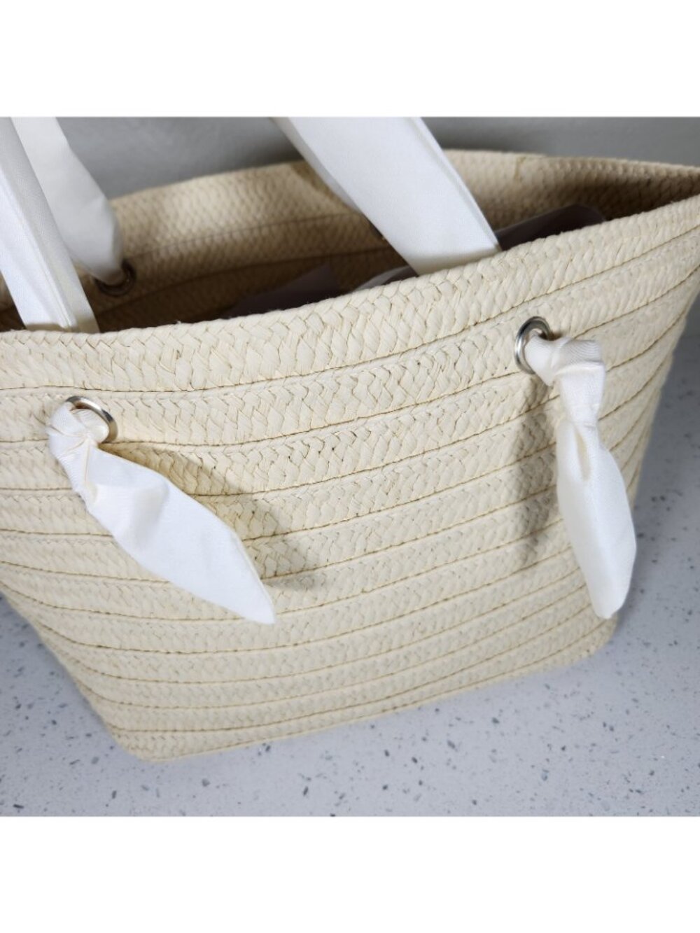 Natural Woven Straw Tote Bag Lot Of 2 Fabric Double Handle Boho Purse Handbags - Picture 12 of 14